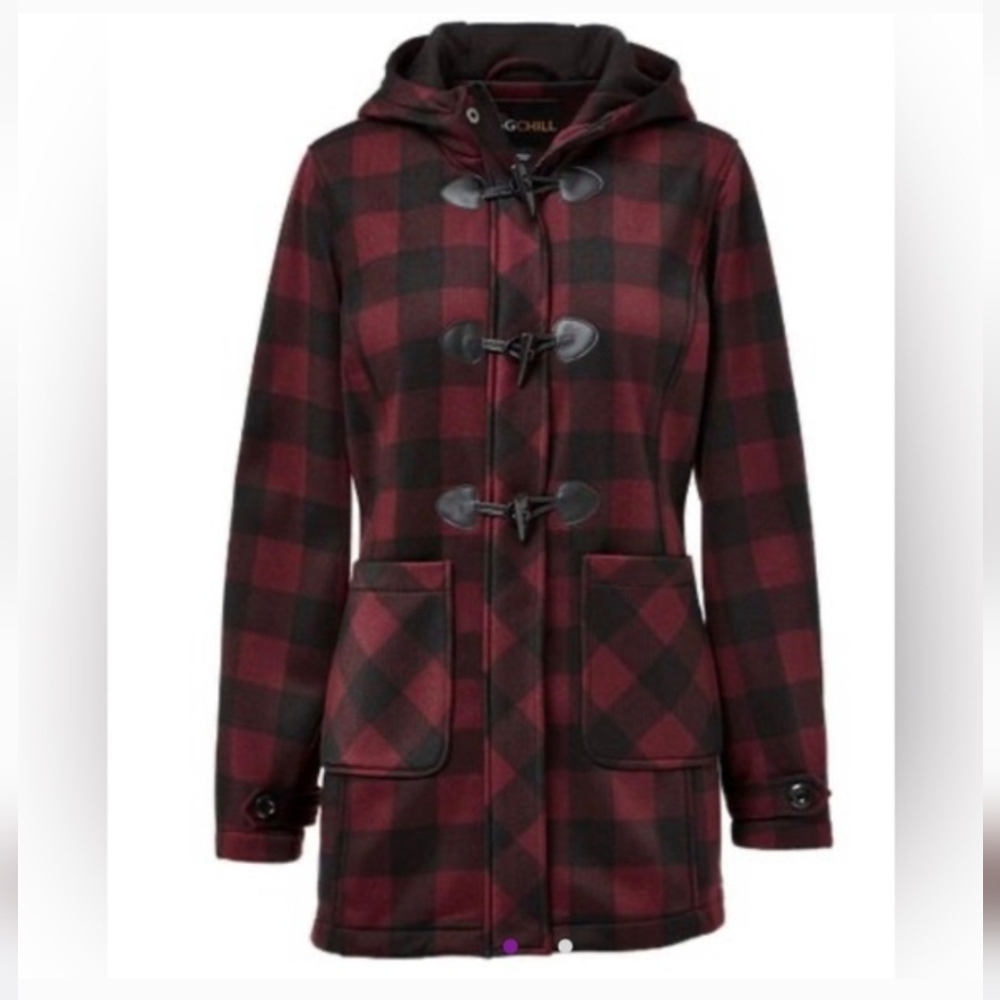 Big Chill Fig & Black Buffalo Check Fleece Hooded Toggle Jacket Large New W Tags